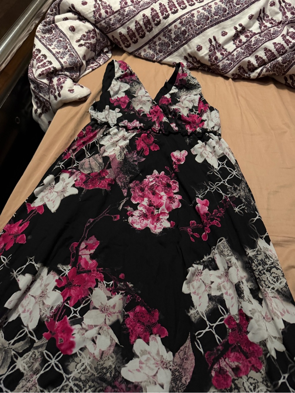 Black Floral V-Neck Women's Dress with Pink & White Blooms